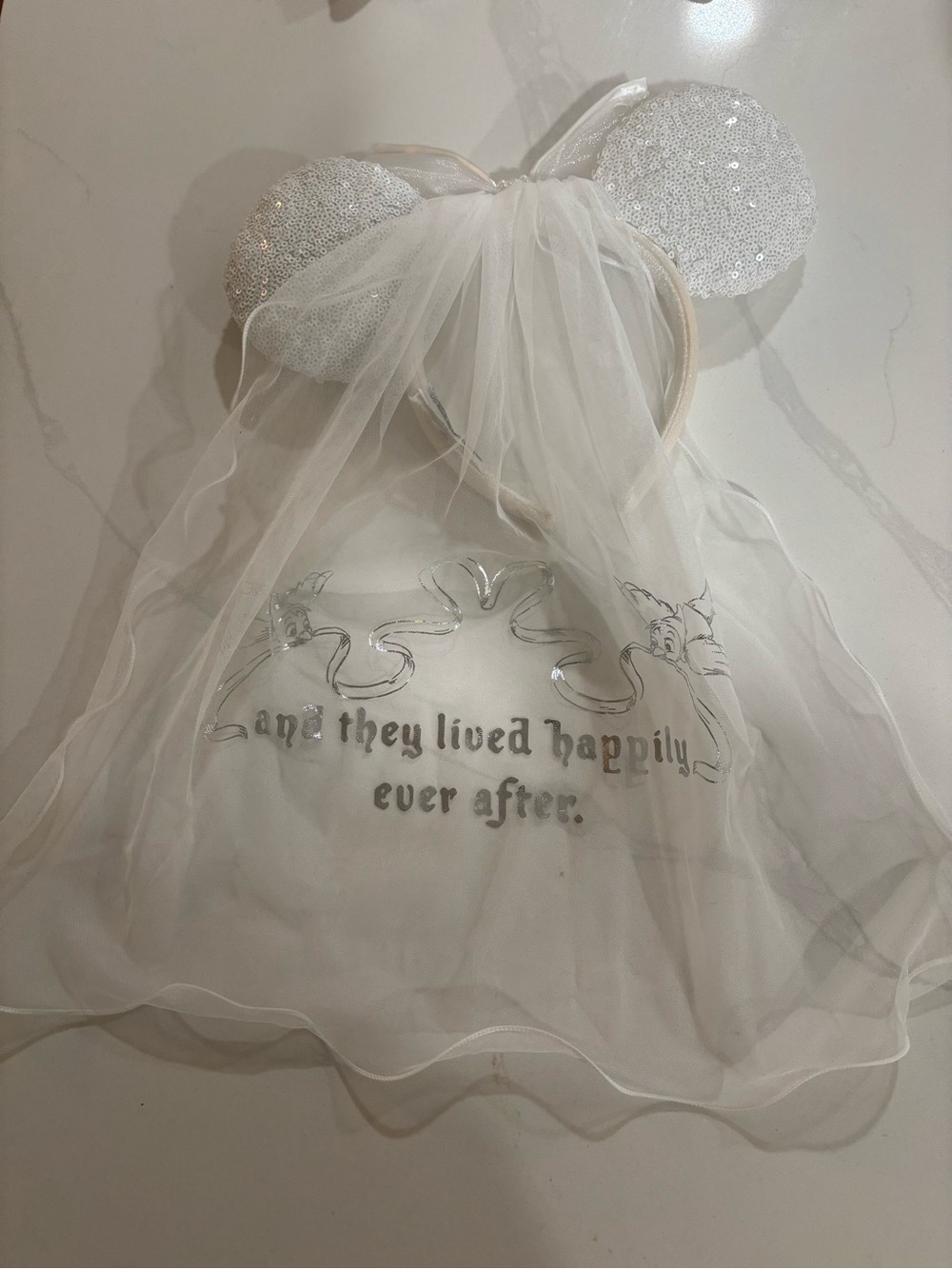 Disney Bridal White Sequin Mouse Ear Headband with Veil - Picture 2 of 3